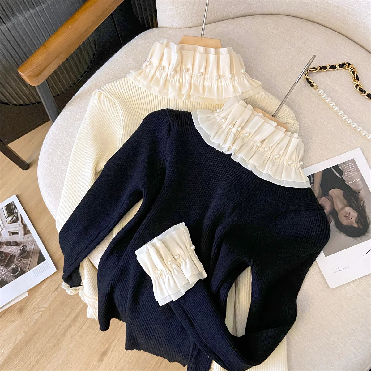 French Style Vintage Women Elasitc Stand-up Collar Long Sleeve Knitted Pullover Beading Ruffles Patchwork Sweaters Tops 2026