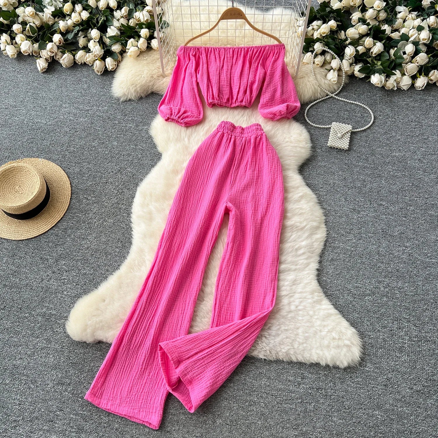 2025 New Summer Streetwear Women Sets Lantern Sleeve Off Shoulder Crop Top+High Waist Wide Legs Pants Fashion Sweet  Suits