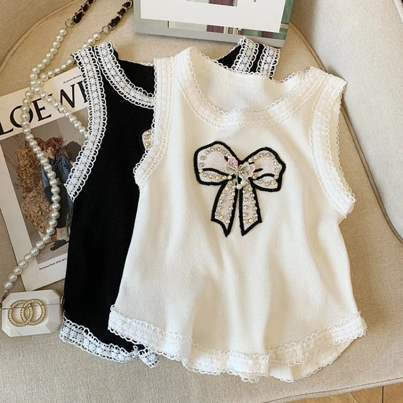 2025 New Summer Women Fashion O-neck Sleeveless Camisole Rhinestone Bow Decoration Lace Lace  Elastic Tank Tops Sweater Vest