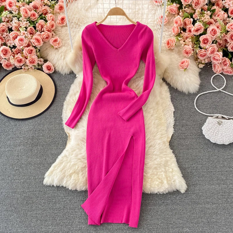 Front Slit Wrap Dress for Women V-neck Elastic Tight Hip Long-sleeved Chic Solid Color Knitted Sexy Autumn Winter 2026