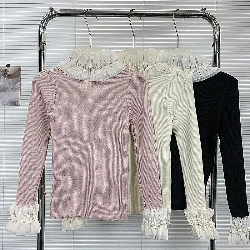 2026 New Autumn Women Stand Collar Flare Sleeve Knitted Sweaters Beading Decoration Ruffles Spliced Pullover Tops