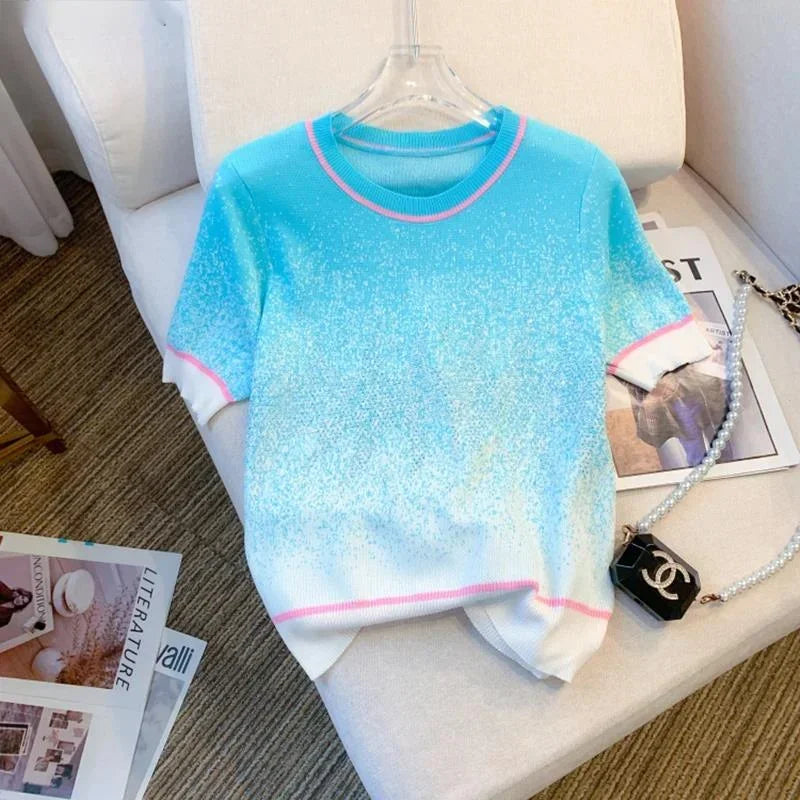 New Summer Pink Blue Ribbed Pullover Sweater Casual Contrast Trim Crew Neck Short Sleeve Sweater Women's Clothing Crop Top