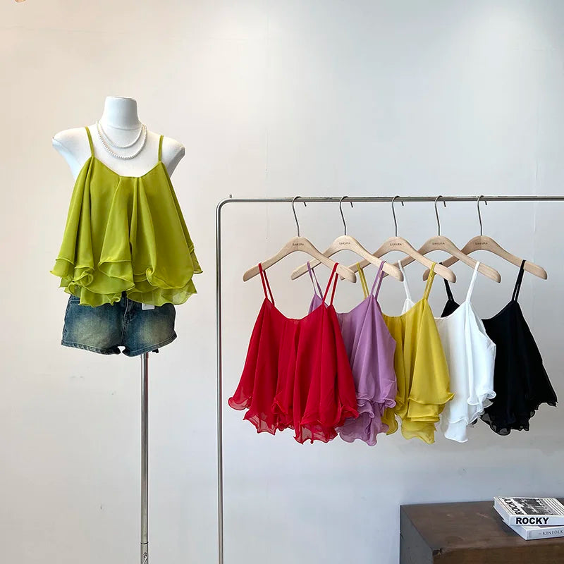 2026 New Summer Women Sleeveless Off Shoulder Straps Camisole Solid Color Multi-Layer Ruffles Crop Tank Tops Korean