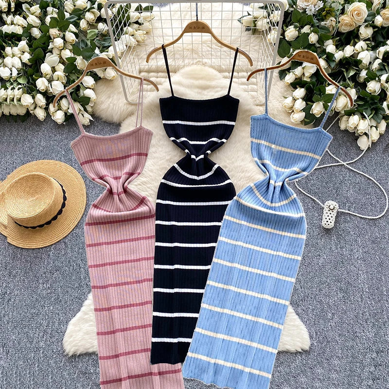2025 New Summer Sexy Women Sleeveless Strap Knitted Dress Spaghetti Striped Printing Elastic Bodycon Slim Maxi Long Dress