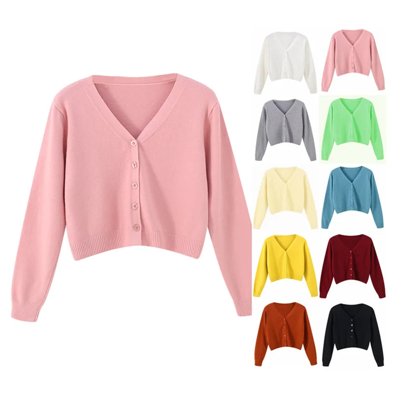 Multi Color Cardigan Women Long Sleeve Cropped Sweater Fashion Knitted Female Clothing Soft V-neck Tops 2026 Coat All Season