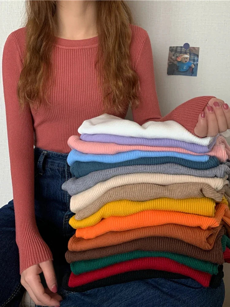 2026 New Women Sweater Autumn Winter Long Sleeve Pullover Basic Top Fashion O-neck Elastic Female Winter Solid Knitted Jumper