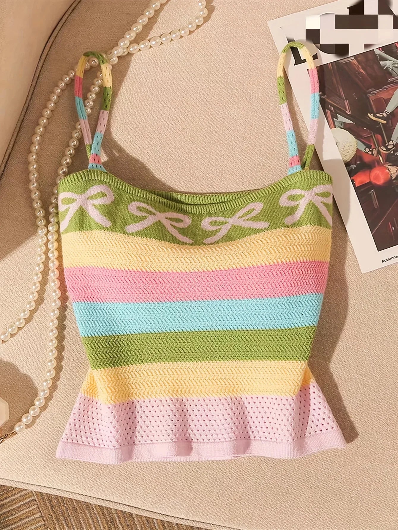 New Elegant Spring Summer Collection from Europe And America Featuring a Knitted Tank Top with a Bow And Rainbow Stripes Camis