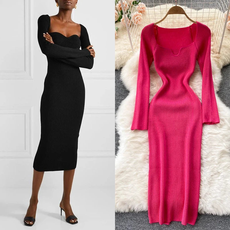 2026 Winter Sqaure Collar Flare Sleeves Knitting Sexy Slim Pullover Long Knits Dress Female Maxi Long Dress Office Lady Vestidos