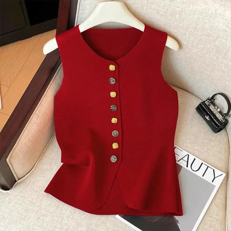 French Elegant Flower Buttons O Neck Sleeveless Sweater Slim Women's Knitted Vest For Women Chic Tops Female Waistcoat Fashion