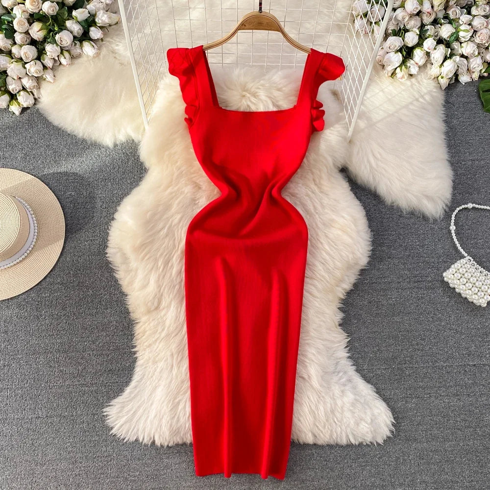 2025 New Summer Women's Knitted Strapless Dresses Knitwear Sheath Elegant Bodycon Wrap Red Sexy Dress Female