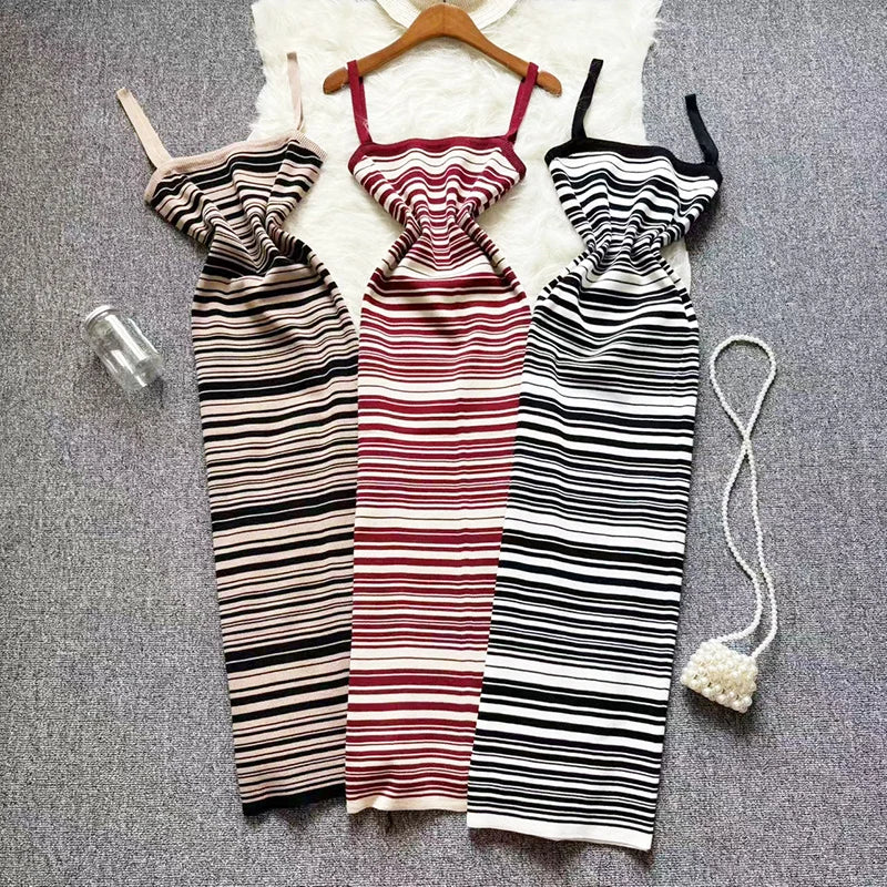 2025 New Summer Stripe Elastic Bodycon Strap Dress Sexy Chic Women Casual Beach Sundress Slim Pencil Vestidos Maxi Long Dress