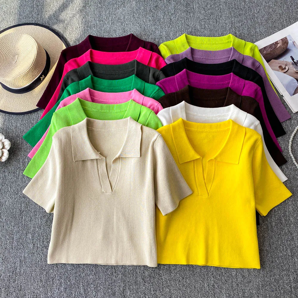 Short Sleeve Collared Crop Top for Women Turn-down Collared Fitted Rib-Knit Sweater Summer Teengirl Y2K Outfit Women's Clothing