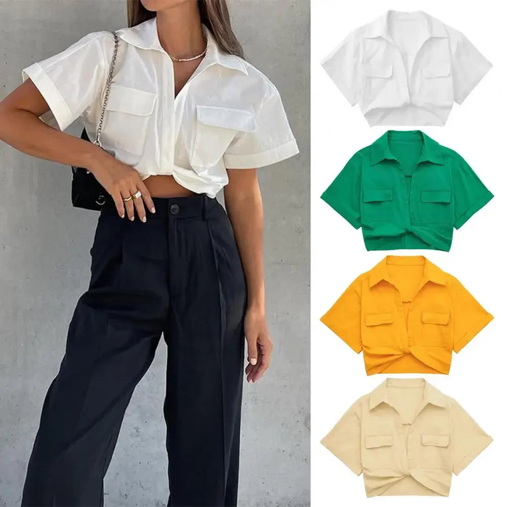 Women Short Lapel Shirt Versatile Women's Short Sleeve Shirt Slim Fit with Lapel Chest Pockets Stylish Summer Tops for A Chic