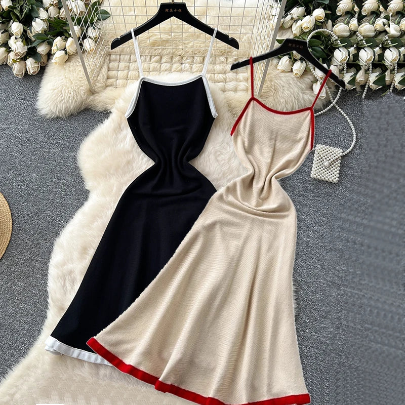 2025 New Knitted Spaghetti Strap Dress Women Sleeveless Elastic Slim A Line Dress Fashion Color Block Summer Casual Sundress