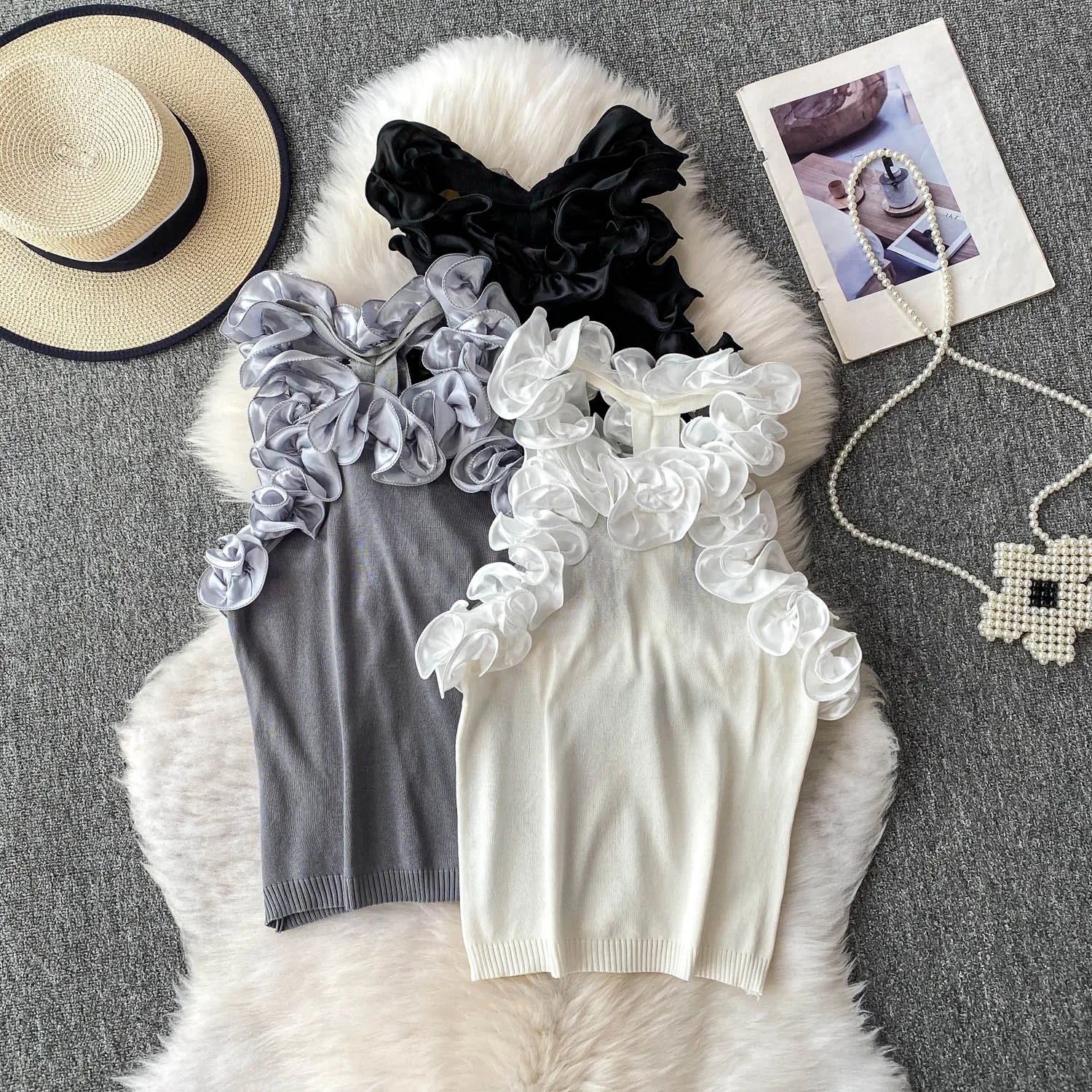 2026 New Women Sleeveless Short Knitted Camisole Heavy Industry Sequined Flower Splicing Solid Color Crop Tank Tops Sweater Vest