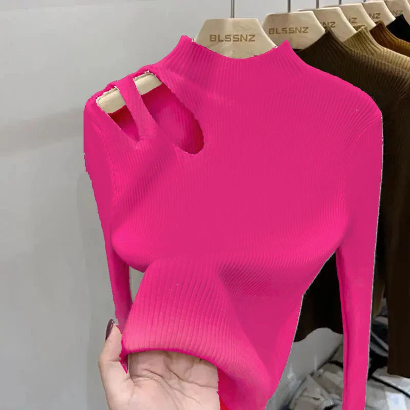 Hollow-out Turtleneck Knitted Women Sweater Ribbed Pullovers Autumn Winter Basic Women Sweaters Fit Soft Warm Tops