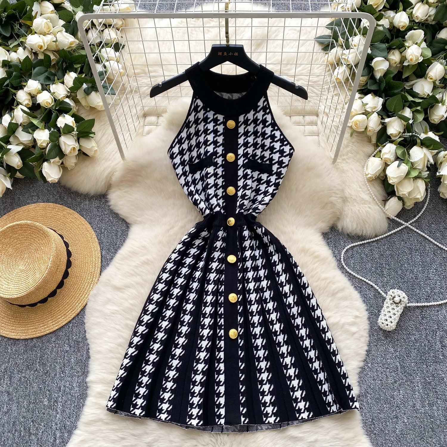 2025 Summer Sleevless Classic Houndstooth Pattern Quality Vintage Pleated Knit Dress Button Short Knitted Tank Dress