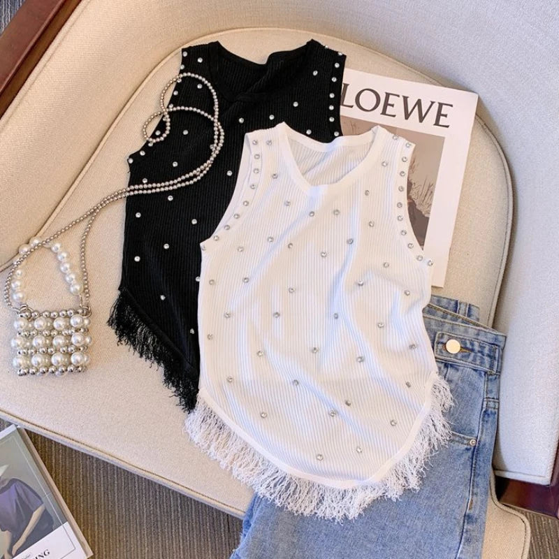 New Rhinestone Knitted Tank Top White Tassel O Neck Sleeveless Tank Top For Summer Women's Clothing Crop Top Camis