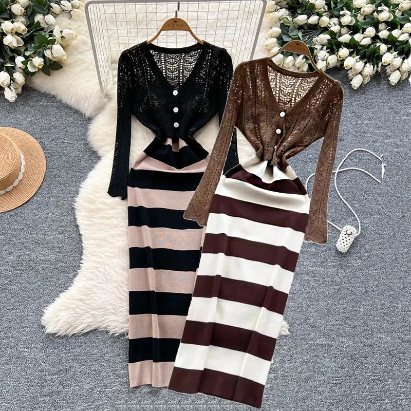 New Korean Sweet Hit Color Patchwork Striped Spaghetti Strap Dress and V Neck Long Sleeve Crochet Cardigans 2 Pieces Sets