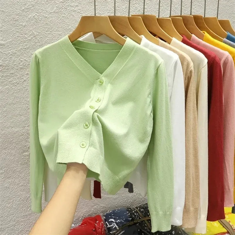 2026 New Spring Autumn Goose Solid Color Multi Color Knit Cardigan Women Dopamine Color Outer Wear Outerwear V-neck Top