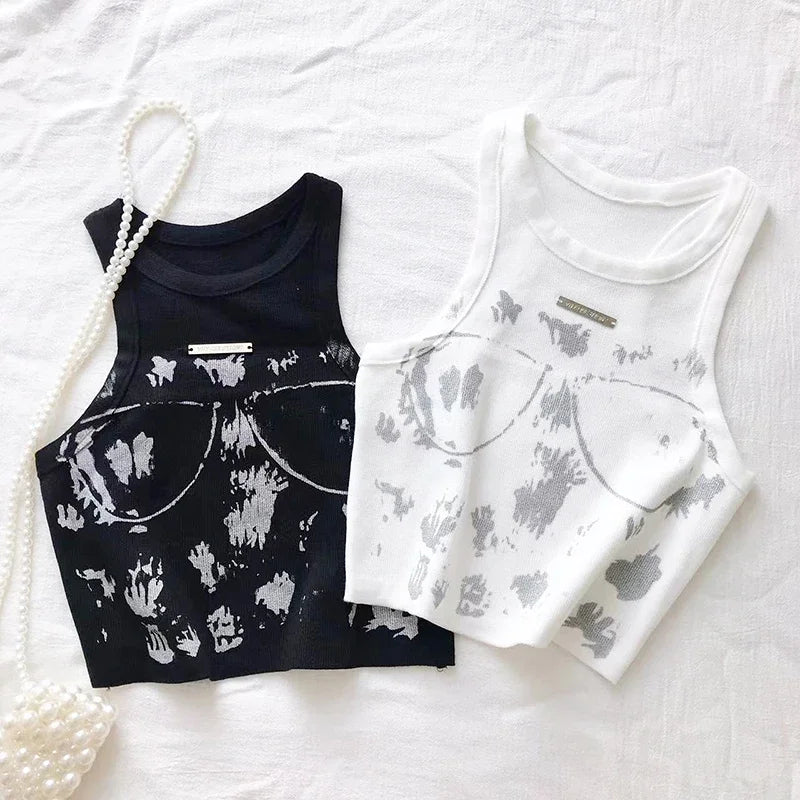 Elastic Punk Print Vest Colorblock Tank Top Camis Knitted Casual Sleeveless Crew Neck Top Women's Clothing Crop Top Outfits
