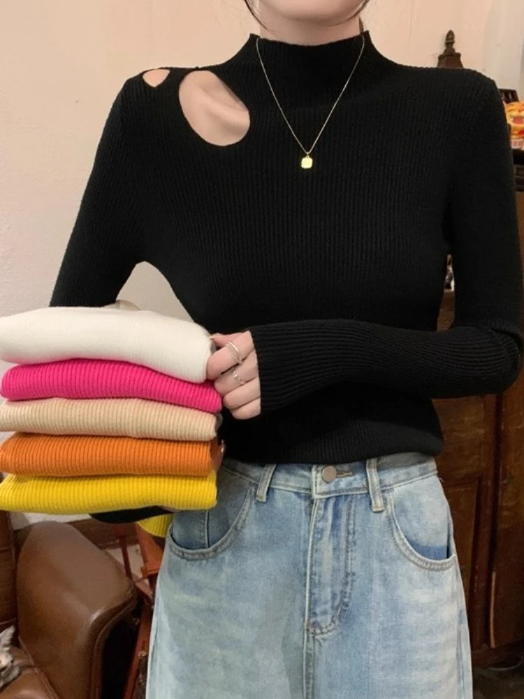 Elegant Solid Basic Knitted Tops Women Turtlneck Sweater Long Sleeve Slim Casual Pullover Korean Fashion Simple Chic Clothes