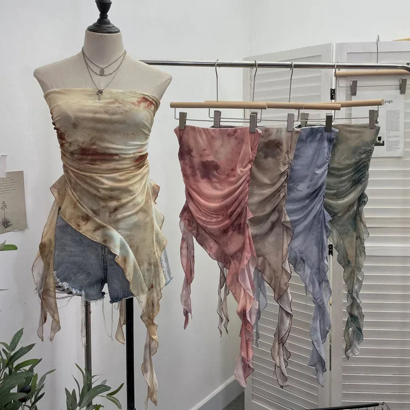New Women's Tie Dye Ruffled Ribbon Mesh Tube Top Irregular Mesh Sleeveless Tube Top Sexy Backless Vest Party Leisure Essential