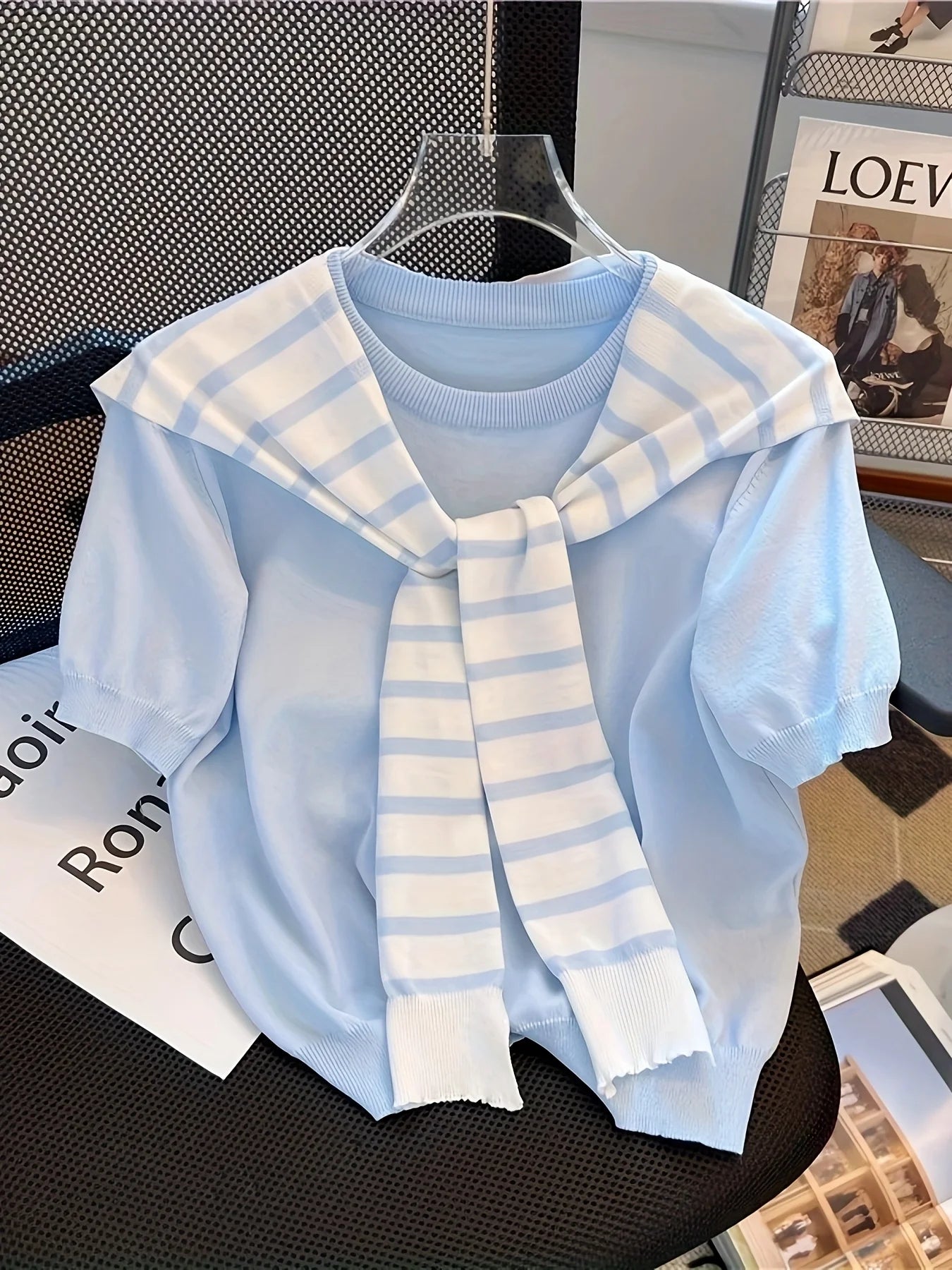 Women'S Light Blue Short Sleeve Knit Top with Striped Shawl Casual Chic Round Neck Loose Fit for Summer Workwear Crop Top