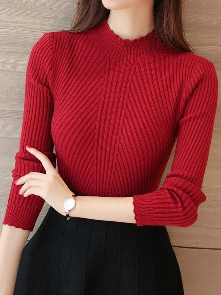 2026 Autumn Women Mock Neck Ruffles Sweater Long Sleeve Knitted Bottoming Solid Pullovers Stripe Women Casual Sweater Winter
