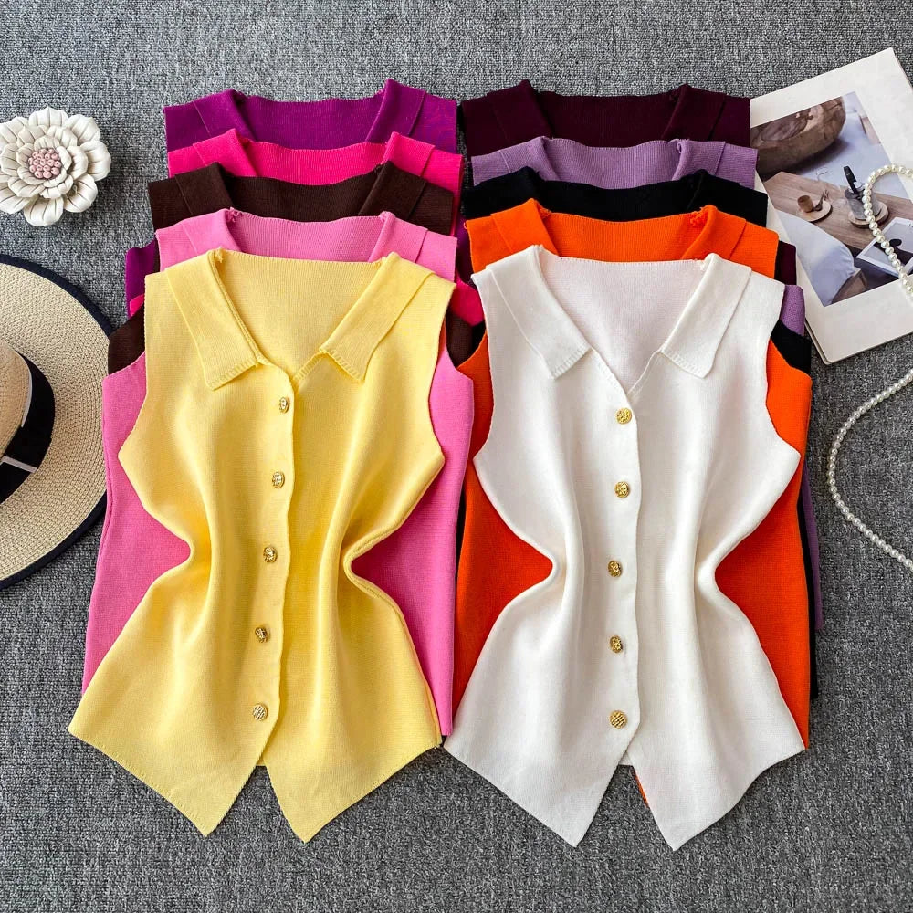 Gold Button Front Vest French Temperament V-neck Single Breasted Sleeveless Slim Knitted Vest For Women Outfit
