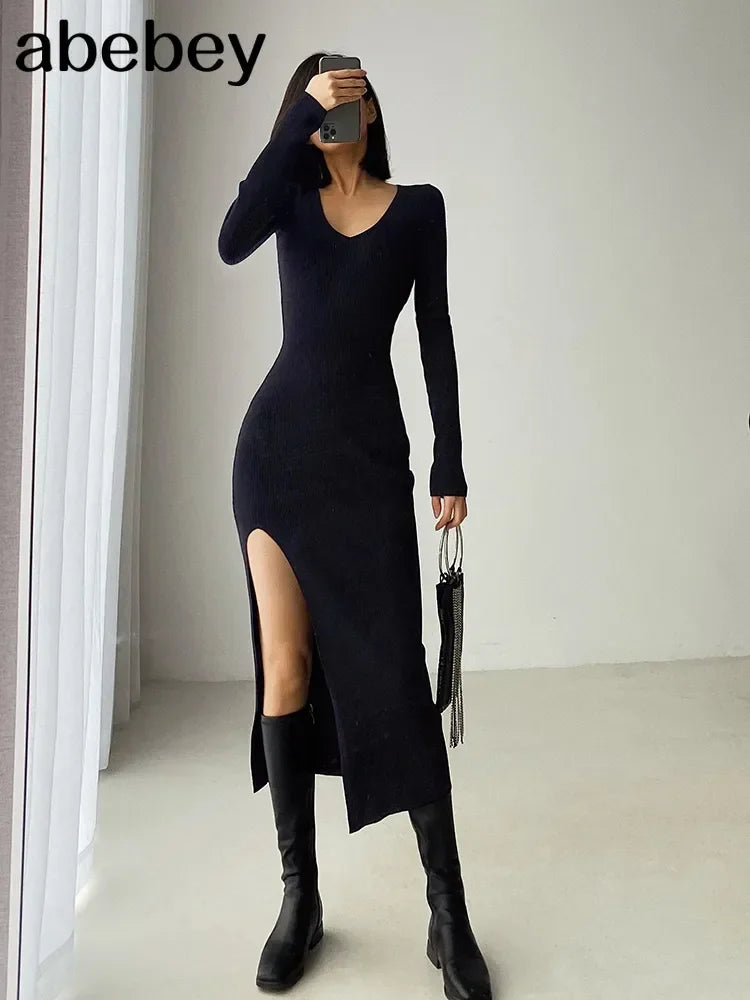 New spring and winter sexy French slit sweater dress female slim tight-fitting hip-knit over-the-knee dresses