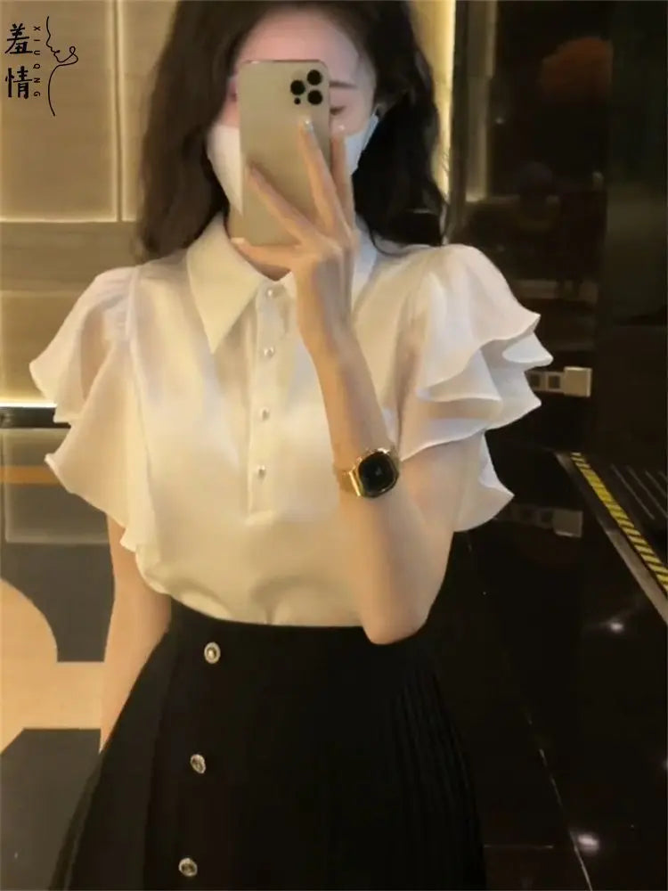 French Style White Ruffle Shirt Women Summer New Polo Collar Small Sleeve Top