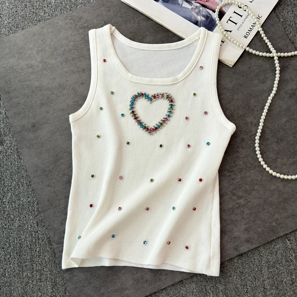 New Heart Colorful Rhinestone Knitted Tank Top Casual Crew Neck Sleeveless Tank Top For Summer Women's Clothing Crop Top Camis