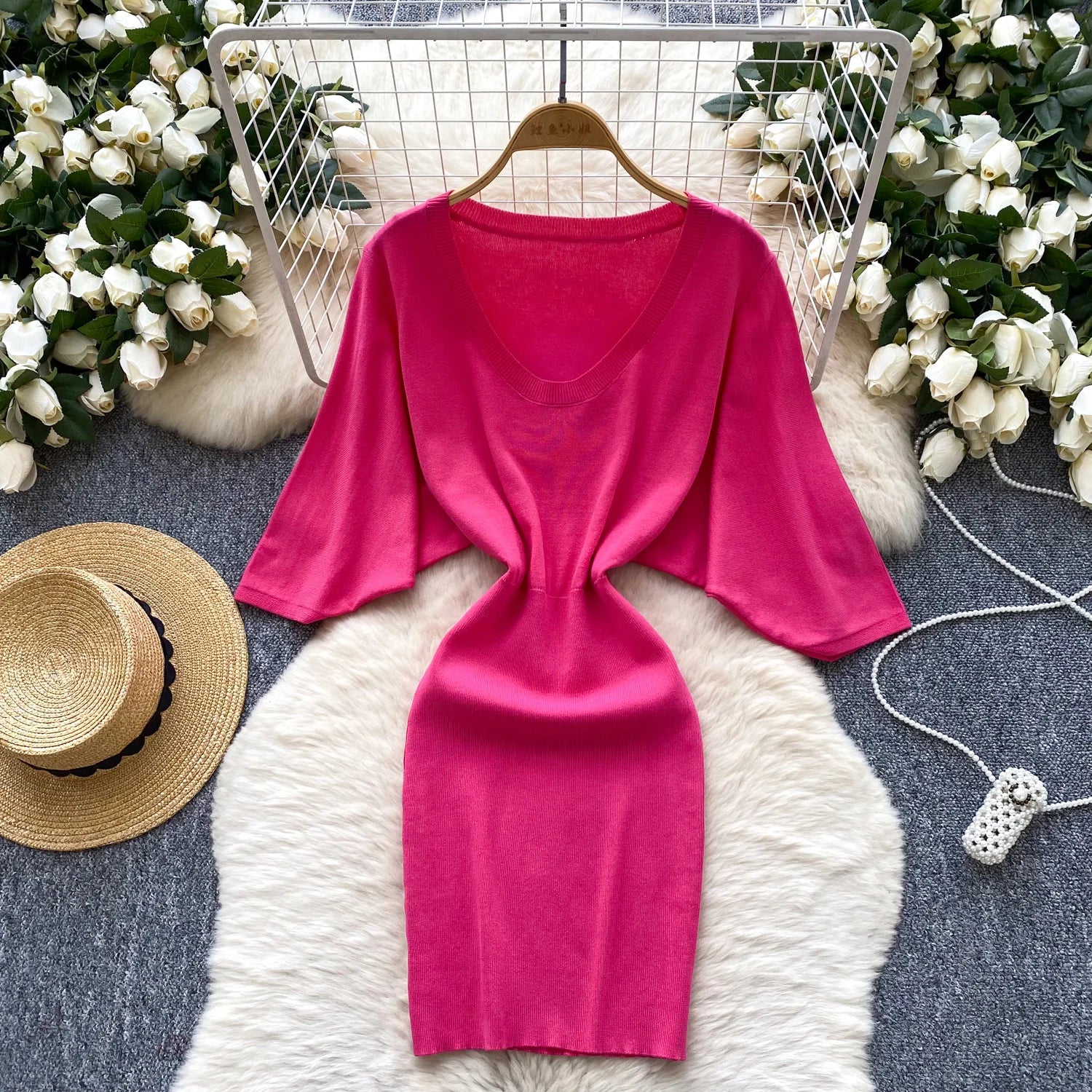2025 New Summer Women Solid  Elastic Knitted Sweater Dress Short Batwing Sleeve Black Bodycon Dress Street Ladies Bandage Dress