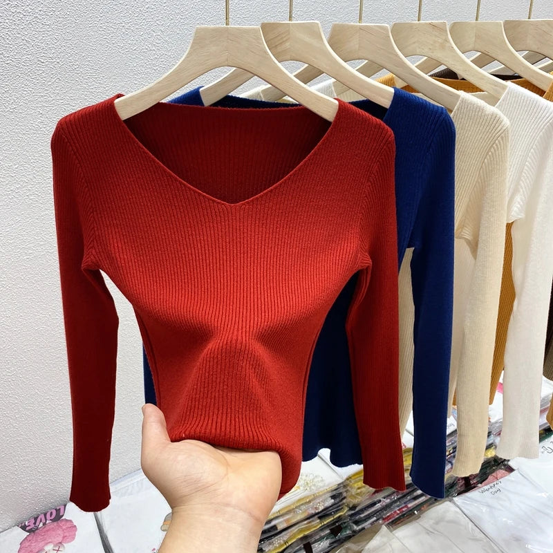 2026 Casual Long Sleeve Knitted V Neck Pullover Autumn Winter Women Sweaters Femme Basic Solid Jersey Tops Fashion Clothes