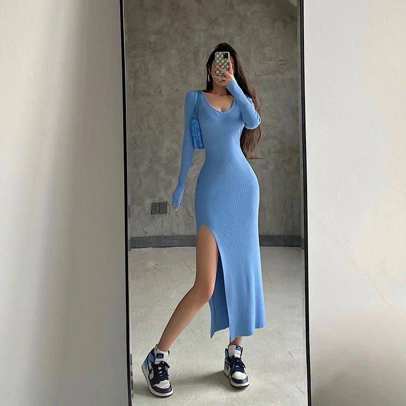 Slimming V-neck Long Sleeve Mid-length Wrap Body Dress High Waist Solid Color Sexy Split Dress 2026 New Fashion Women