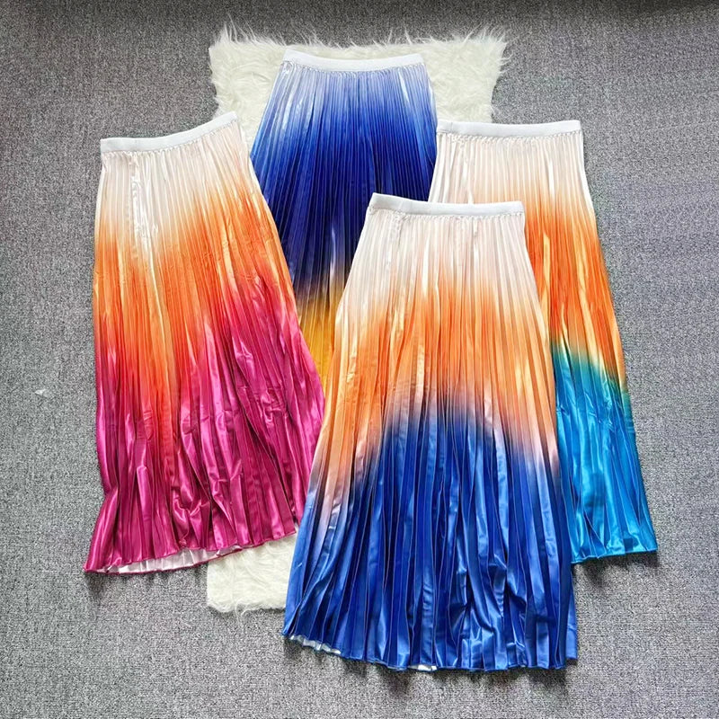 Women's Pleated Skirt Summer Brown Ruffle Skirt Cylinder Pleats Mid Waist Midi Skirt Fashion Elegant Women Long Skirt 2025