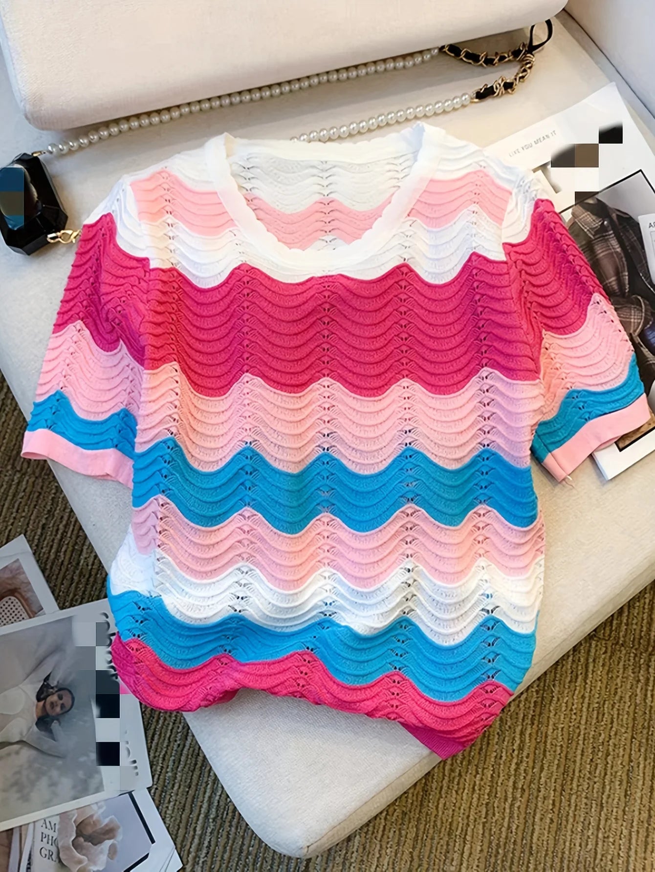 Women's Casual Color-Block Wavy Horizontal Stripes Top Round Neck Medium Stretch  All-Season Versatile Soft Texture Clothing