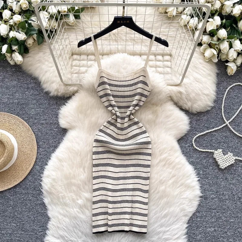 2025 Chic Korean Summer Dresses for Women Vintage Striped Spaghetti Strap Femme Bodycon Knit Sweater Dress Vestidos De Mujer