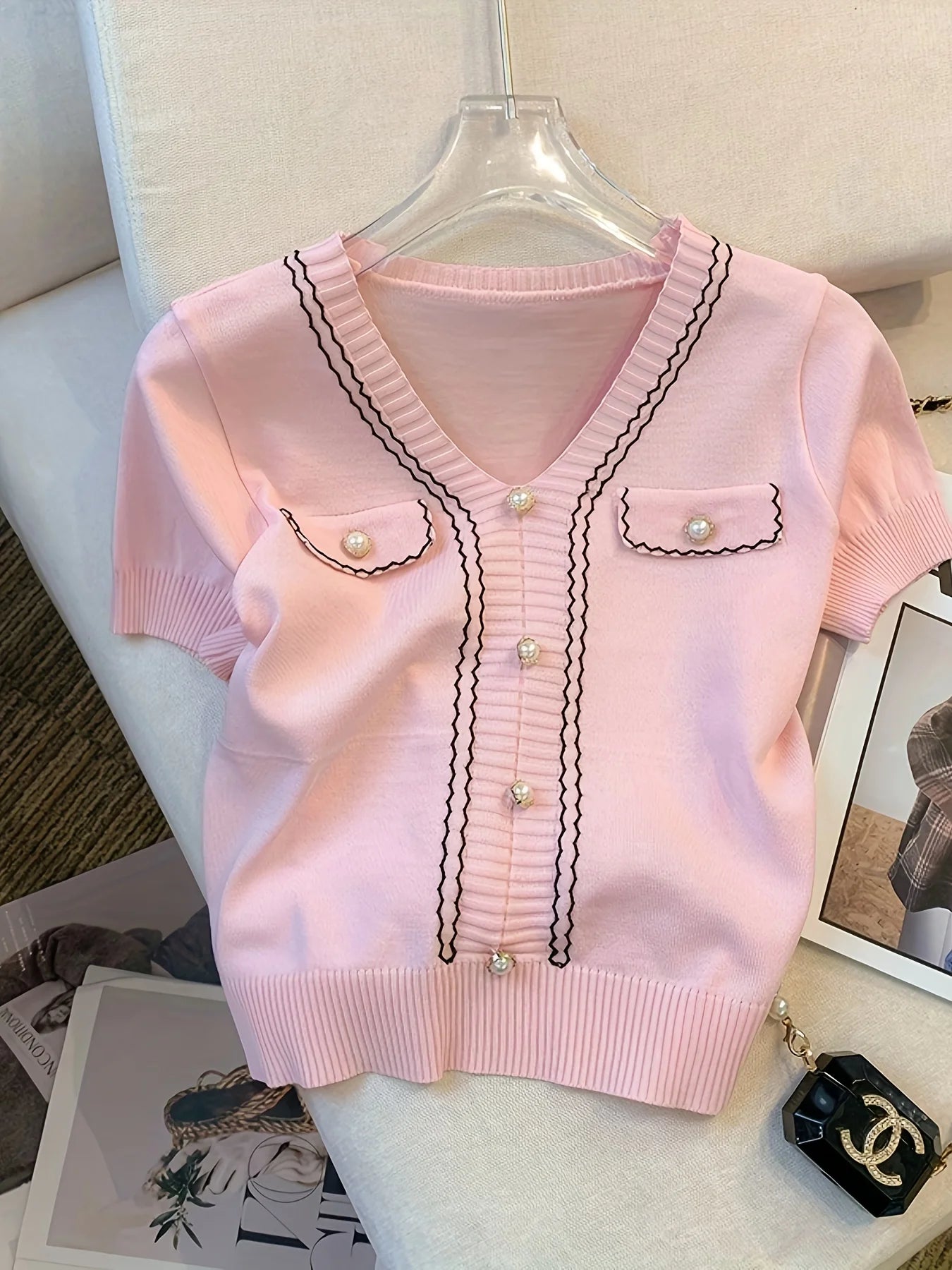 Women'S Casual Summer Top Pink Knit V-Neck with Button Details All-Season Style Casual Wear Vneck Top Knit Texture Crop Top