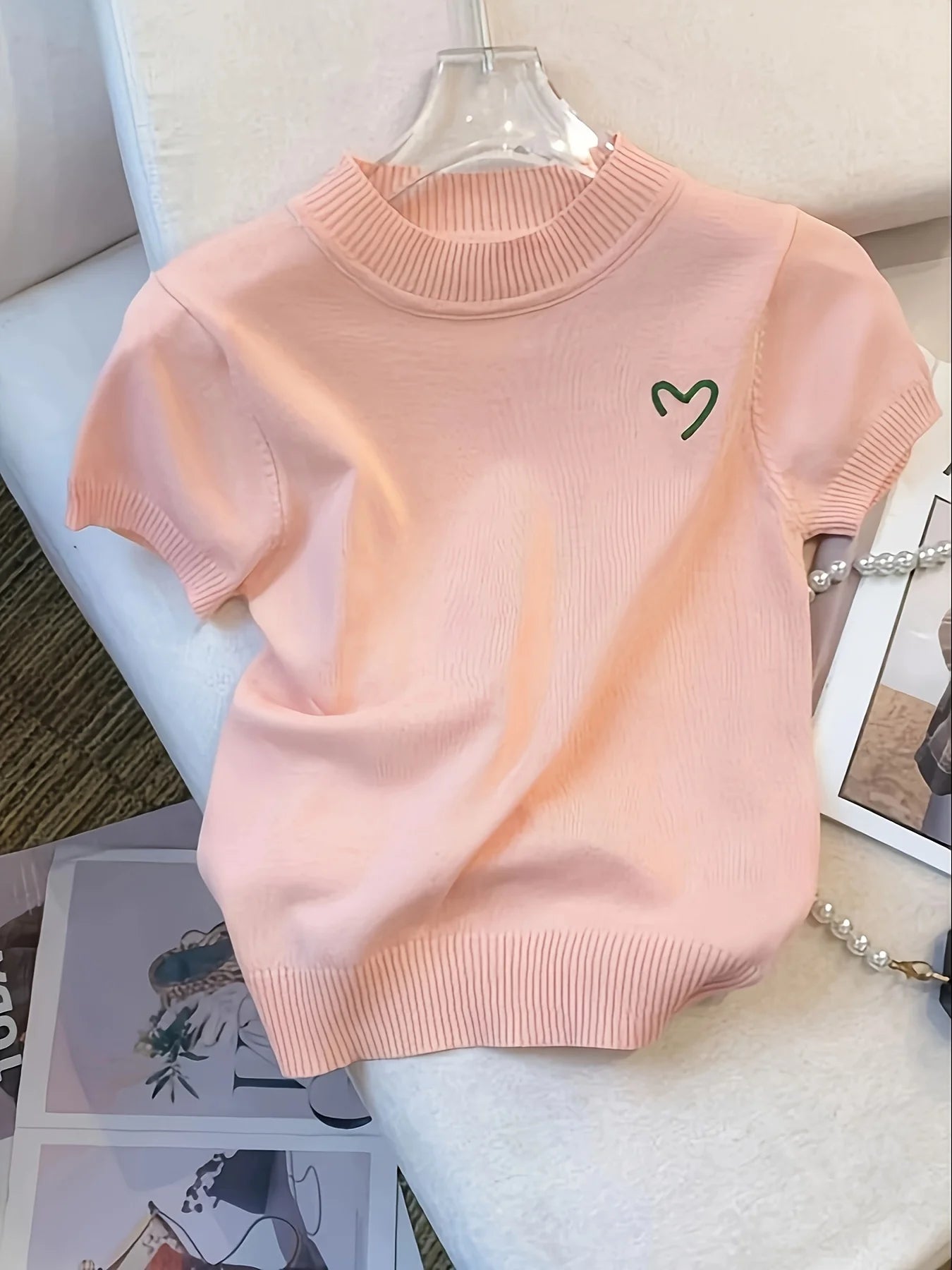 New Pink Sweet Solid Mock Neck Solid Sweater Casual Short Sleeve Sweater For Spring & Summer Women's Clothing Crop Top