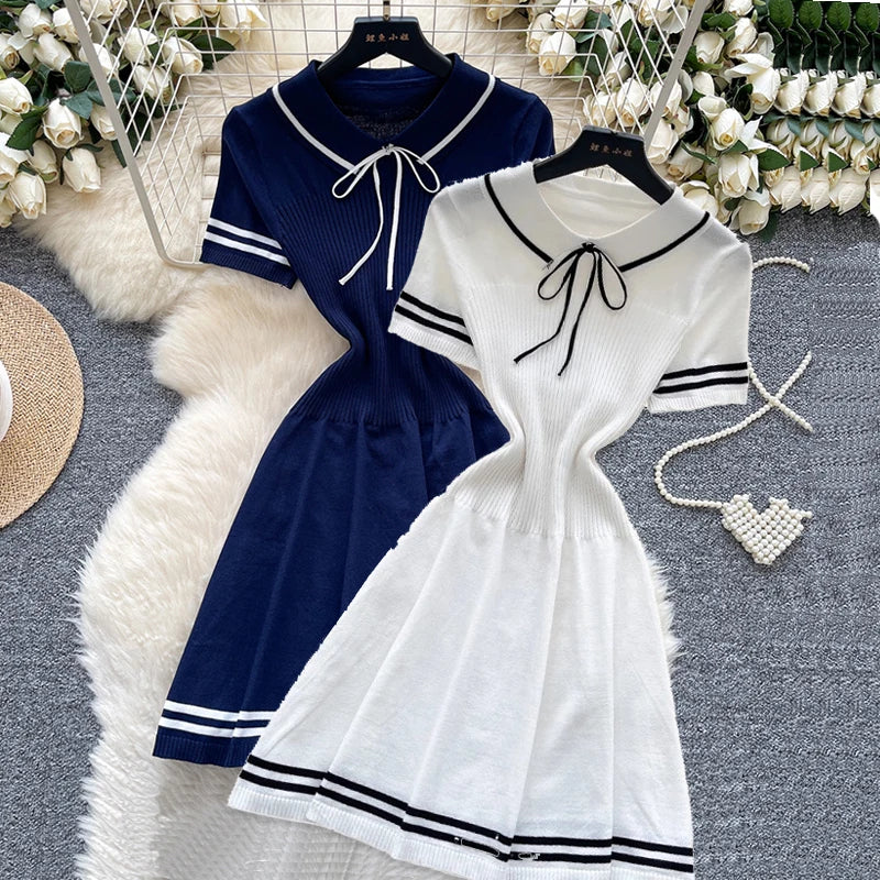 New Summer Women Sailor Collar Short Sleeve Knitted Dress Sundress Bow Lace Up Elatic Bodycon Pencil Vestidos Short Dress