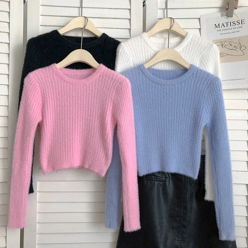 2026 New Autumn Women O-neck Long Sleeve Knitted Sweaters Sweet Fashion Solid Color Slim Short Casual Pullovers Tops Crop Top