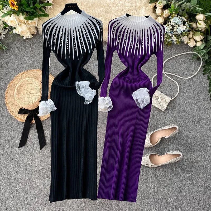 2025 New Arrival Women Beading Knitted Long Dress Winter Warm Half High Collar Slim Elastic Sweater Dress Office Lady Vestidos