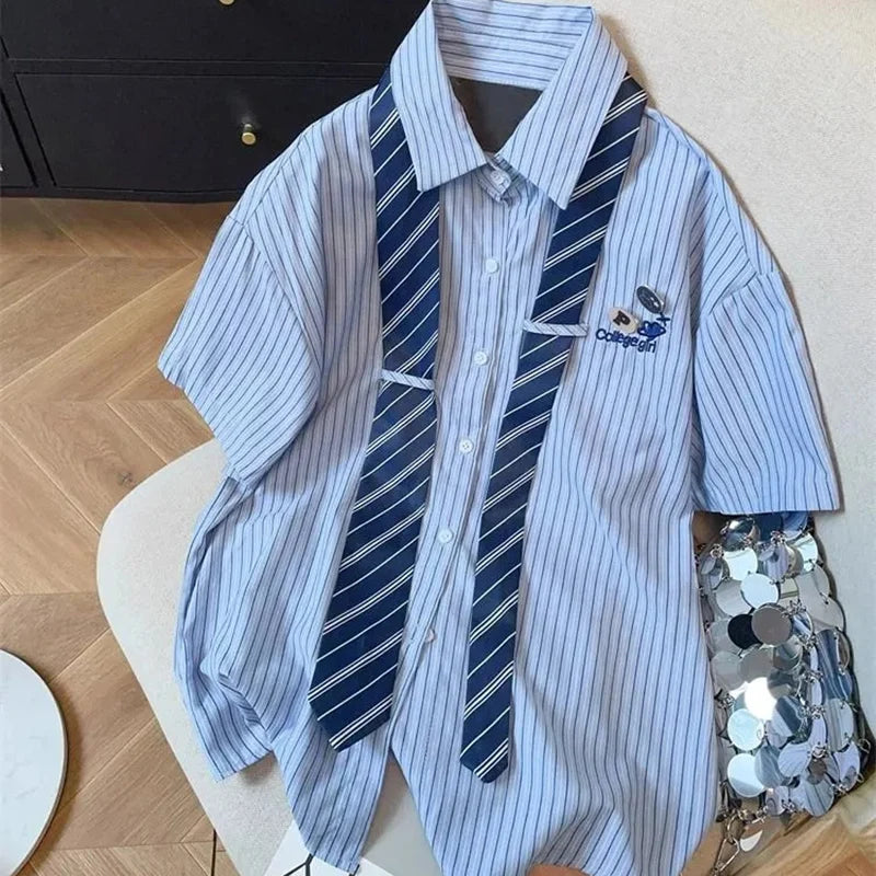 2025 Preppy Style Blue Striped Shirts Women Summer Short Sleeve Loose Blouse Woman Streetwear Letter Embroidery Shirts Female