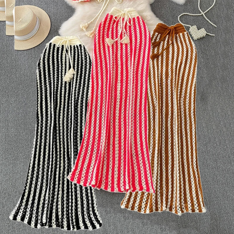 Hollow Out Knit Long Skirt For Women See-Through Casual Holiday Beach Skirt Outfits Knitwear Lace-Up Women Y2k Skirt