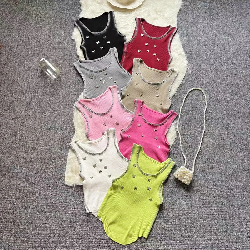 New European Style Tank Vest Women's Summer Inner Heavy Embroidery Camis Round Neck Sleeveless Knit Top Slimming Crop Top