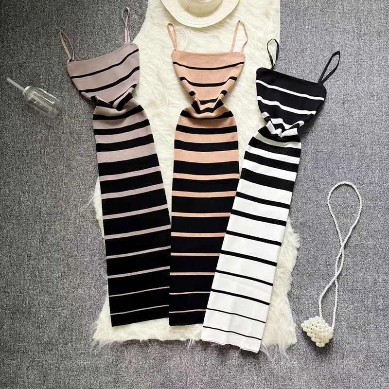 New Summer Gradient Stripe Elastic Bodycon Strap Dress Sexy Beach Sundress Women Casual Slim Pencil Vestidos Maxi Long Dress