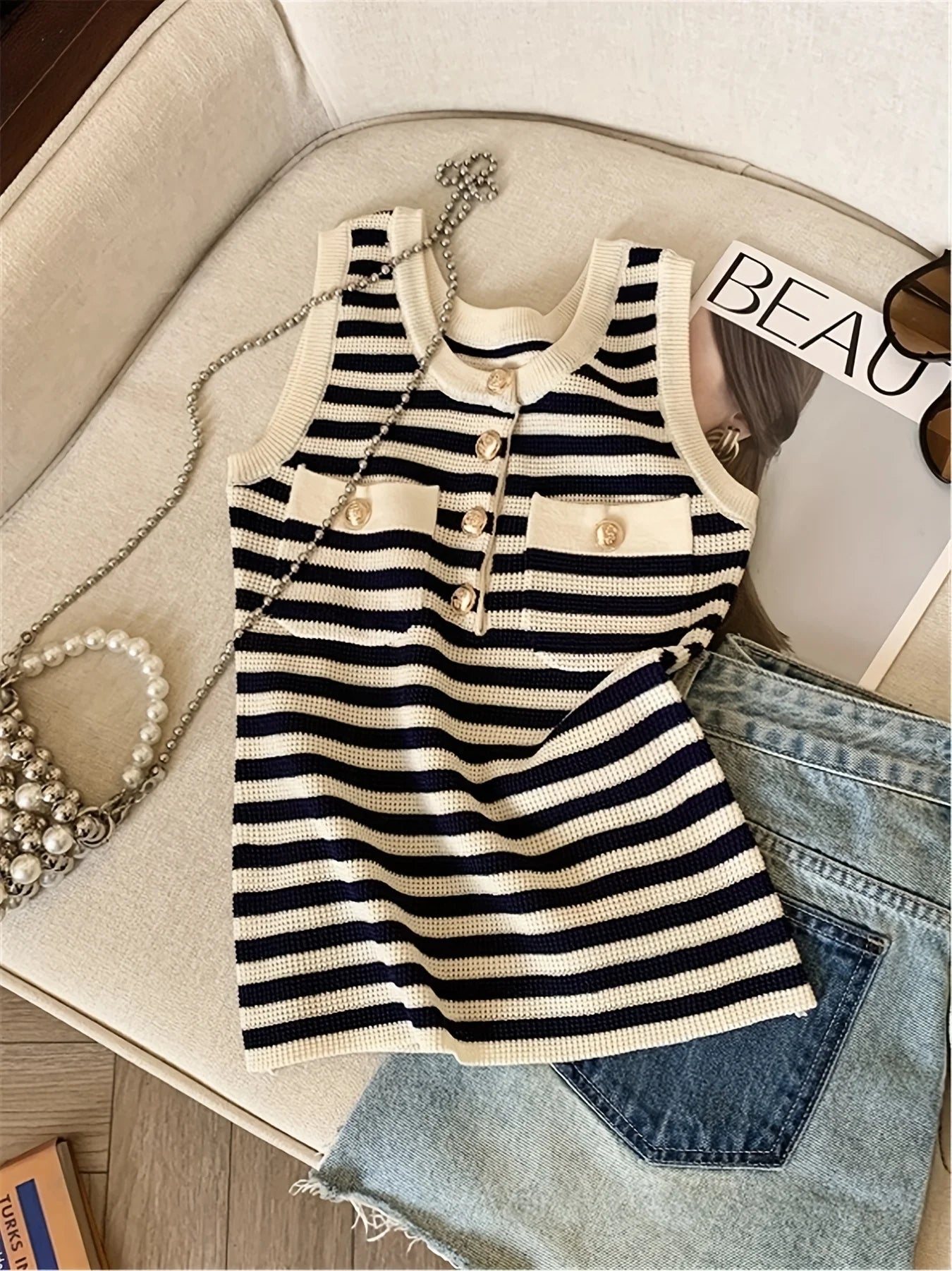 2025 New Casual Sweater Ellastic Color Block Striped Knit Tank Top Buttons Camis Vest Top Summer Colthing for Woman Crop Top