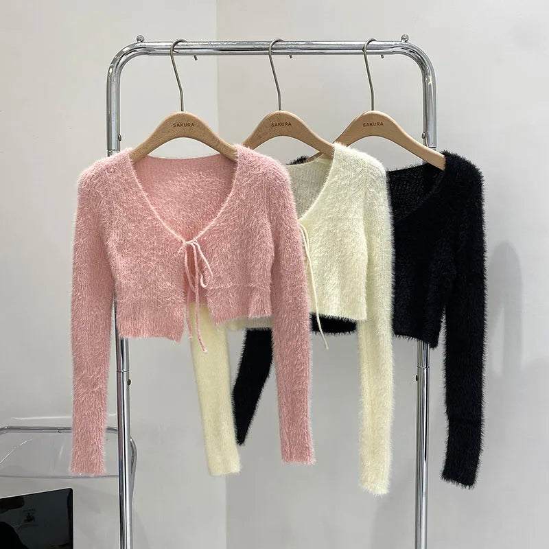 2026 New Autumn Women V-neck Long Sleeve Knitted Sweaters Bow Lace Up Solid Color Slim Short Casual Cardigans Tops